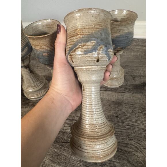 Studio Art Pottery Large Wine Goblet/Chalice 9 3/4” Set of 4 Handmade Glasses - Picture 7 of 16